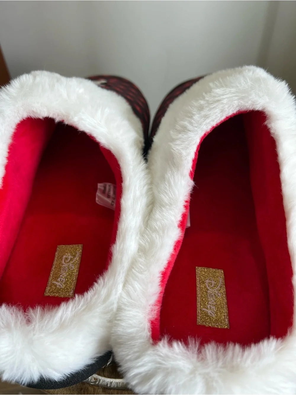 Disney Red Plaid Holiday Slippers with White Faux Fur Cuff